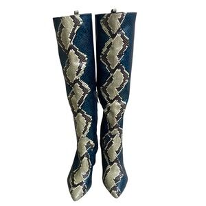 Sam Edelman Hai Knee High Boots Teal Blue Snakeskin Embossed Pointed Toe 5.5M